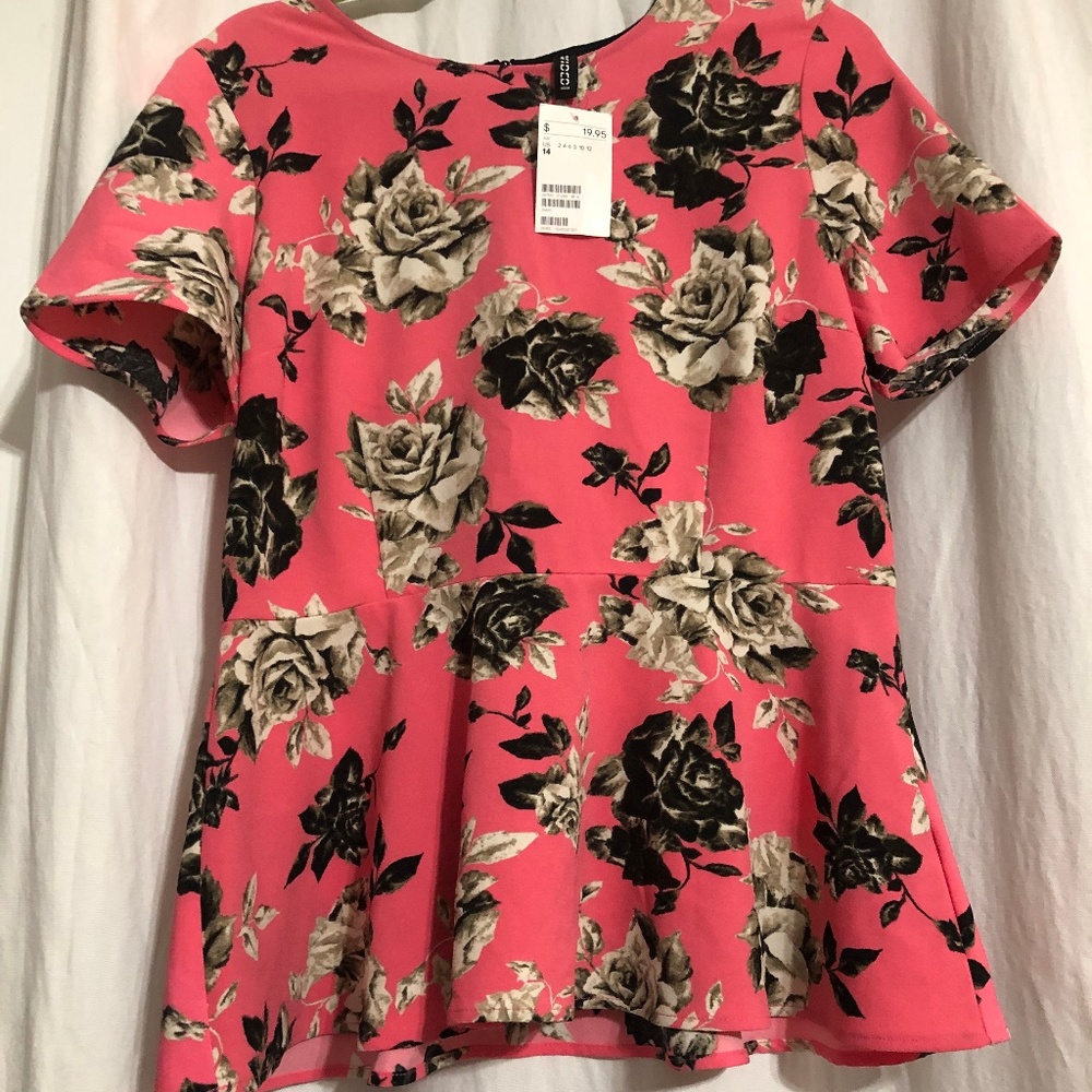 Divided Women's top - black/pink flower peplum